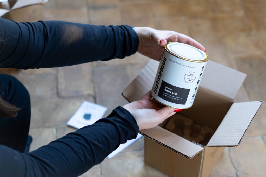 SatinHaus Rich Lead Kitchen Cupboard Paint & Wood Furniture Paint Tin Being Unboxed | Eco Friendly Paint
